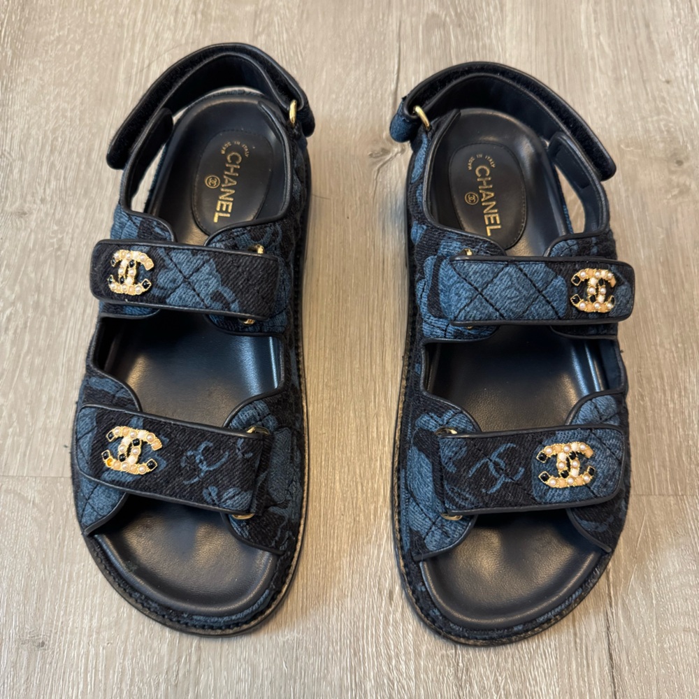 Chanel Blue Quilted Sandals with Gold Accents - Picture 8 of 12